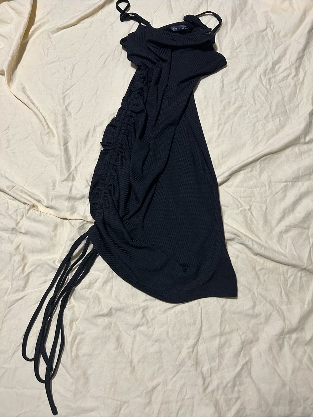 Black Ribbed Ruched Side Slip Dress - Picture 2 of 2